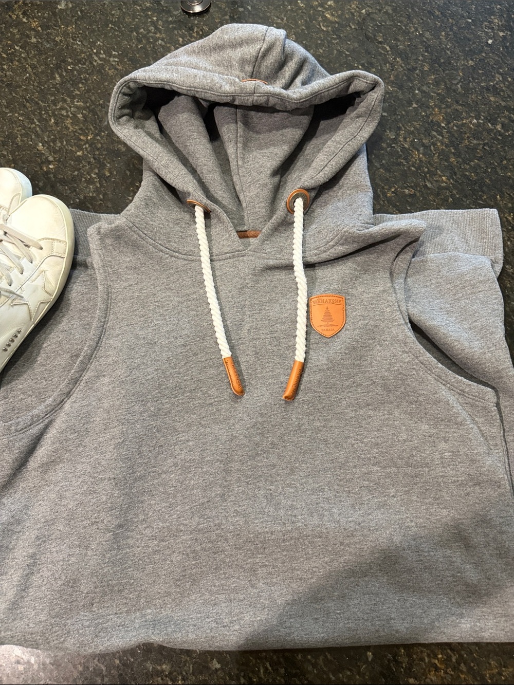 Sundance Wanakome Gray Hooded Sweatshirt Dress with Brown Trim